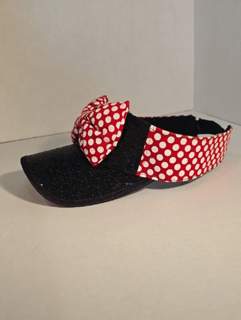 Disney Black Visor Cap with Red White Polka Dot Bow. FABOWLOUS.